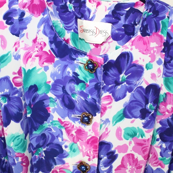 vintage floral button up knee length dress womens 8 petite success dress - Picture 2 of 3